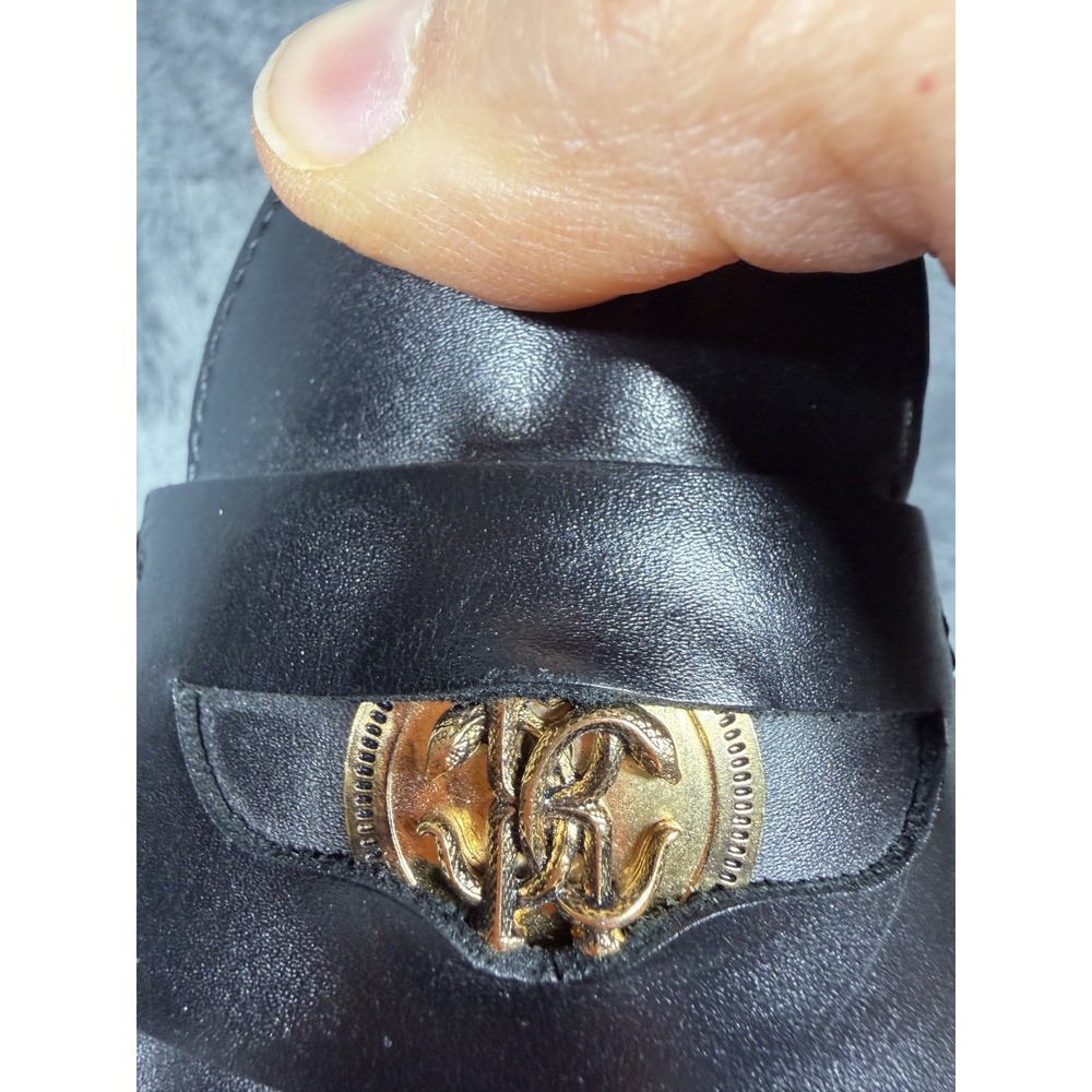 Roberto Cavalli Women 38.5 Black Leather Loafers Gold Logo Made in Italy - Picture 8 of 13